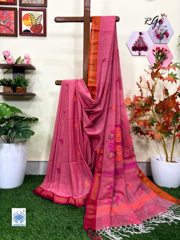 Dusty Rose Handloom Premium Cotton Jamdani Saree