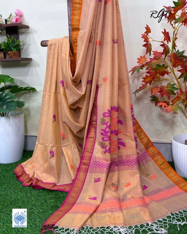 Pinkish Tan Handloom Premium Cotton Jamdani Saree