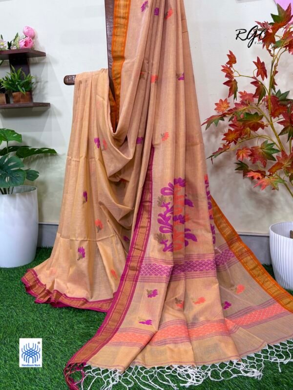 Pinkish Tan Handloom Premium Cotton Jamdani Saree