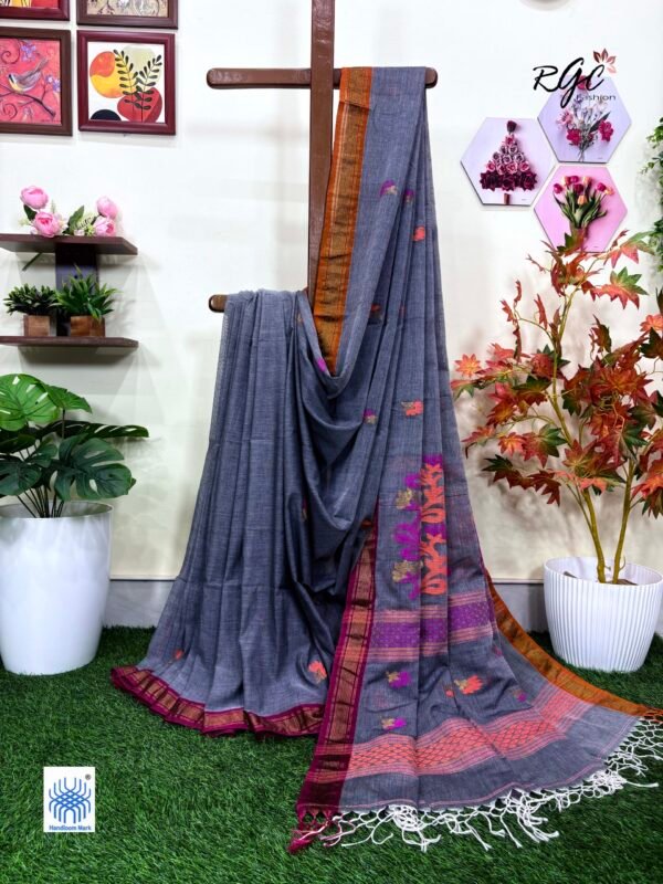 Slate Grey Handloom Premium Cotton Jamdani Saree