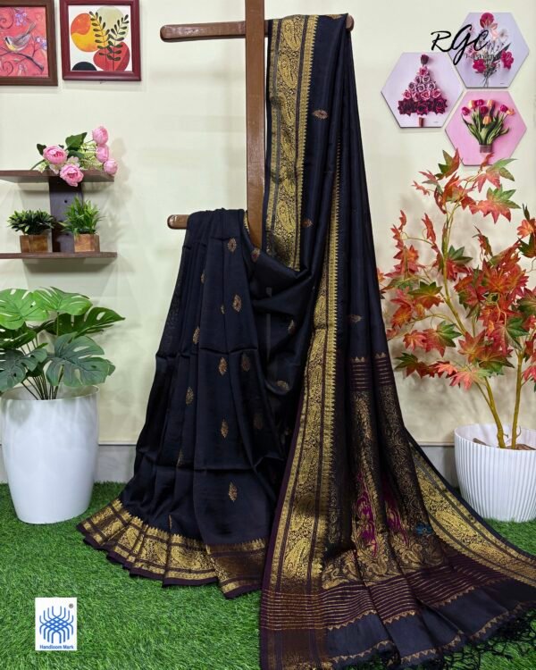 Black Paisley Bengal Handloom Katan Silk Bridal Saree