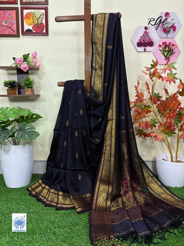 Black Paisley Bengal Handloom Katan Silk Bridal Saree
