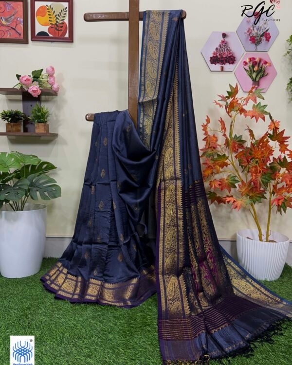 Bluish Gray Paisley Bengal Handloom Katan Silk Bridal Saree