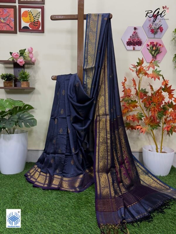 Bluish Gray Paisley Bengal Handloom Katan Silk Bridal Saree