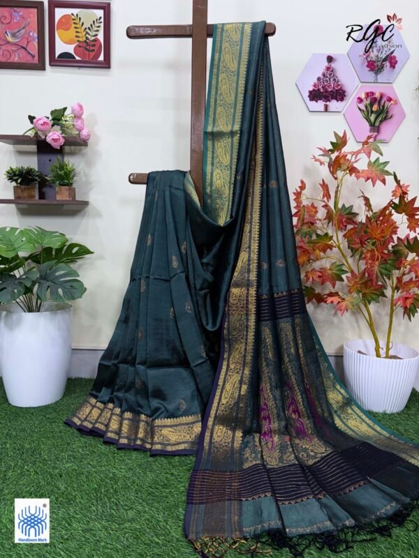 Rama Green Paisley Bengal Handloom Katan Silk Bridal Saree
