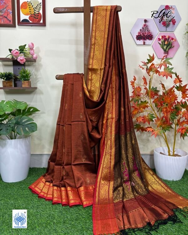 Rust Paisley Bengal Handloom Katan Silk Bridal Saree