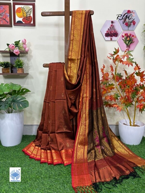 Rust Paisley Bengal Handloom Katan Silk Bridal Saree