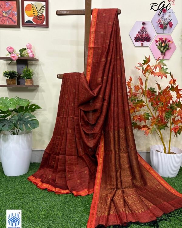 Rust Paisly Buta Organic Linen Jamdani Saree