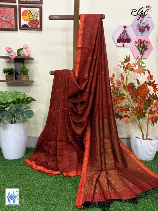 Rust Paisly Buta Organic Linen Jamdani Saree