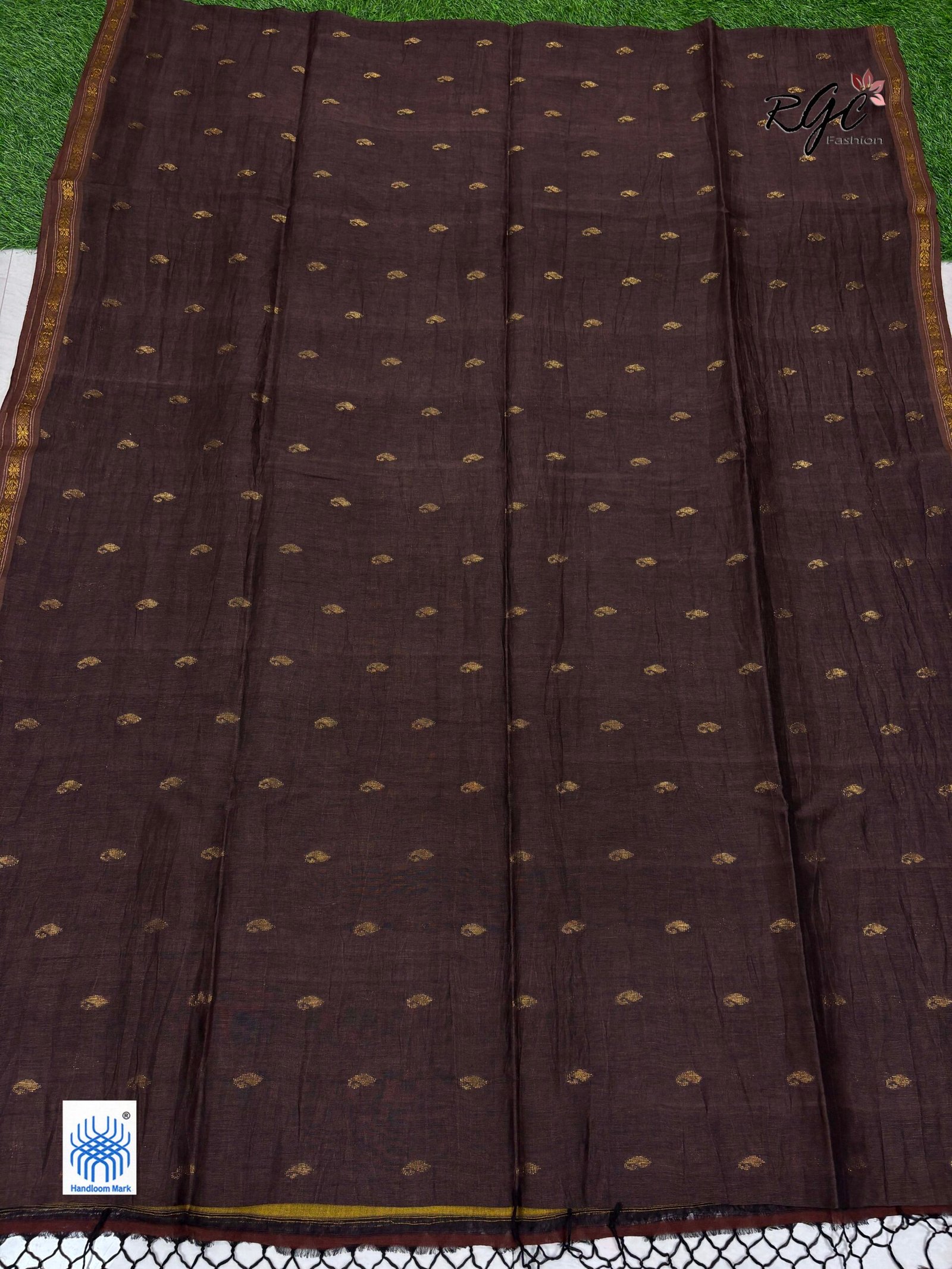Chocolate Paisly Buta Organic Linen Jamdani Saree - Image 9