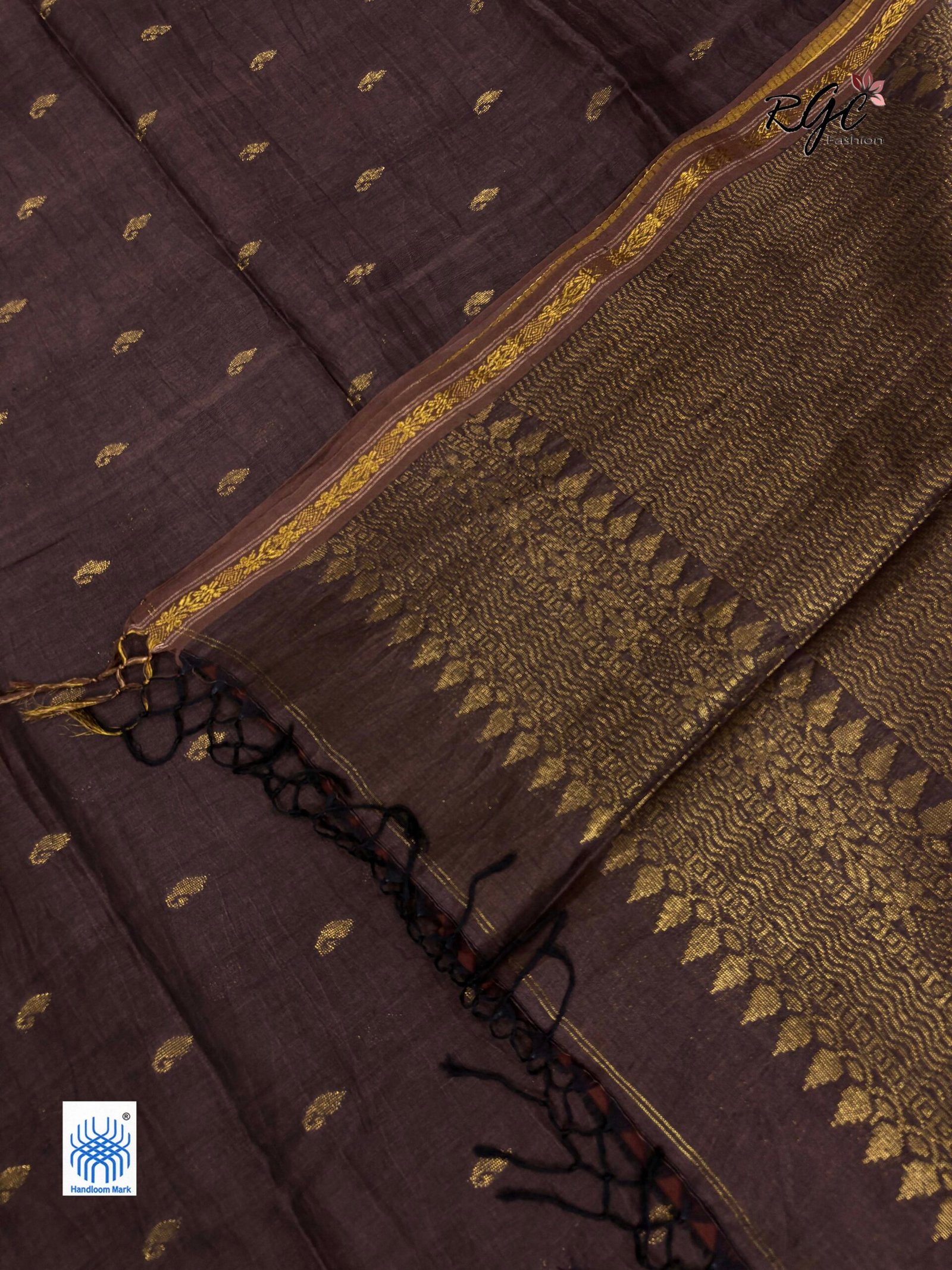 Chocolate Paisly Buta Organic Linen Jamdani Saree - Image 8