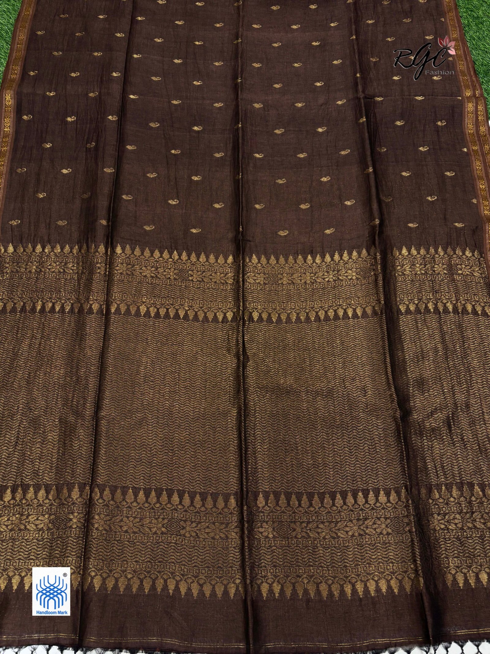 Chocolate Paisly Buta Organic Linen Jamdani Saree - Image 5