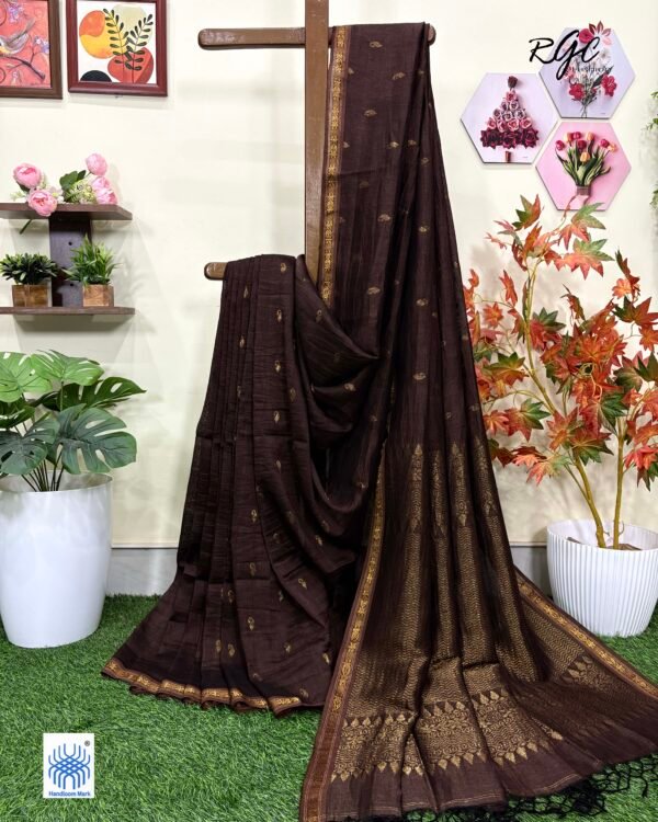 Chocolate Paisly Buta Organic Linen Jamdani Saree