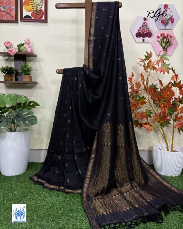 Black Paisly Buta Organic Linen Jamdani Saree