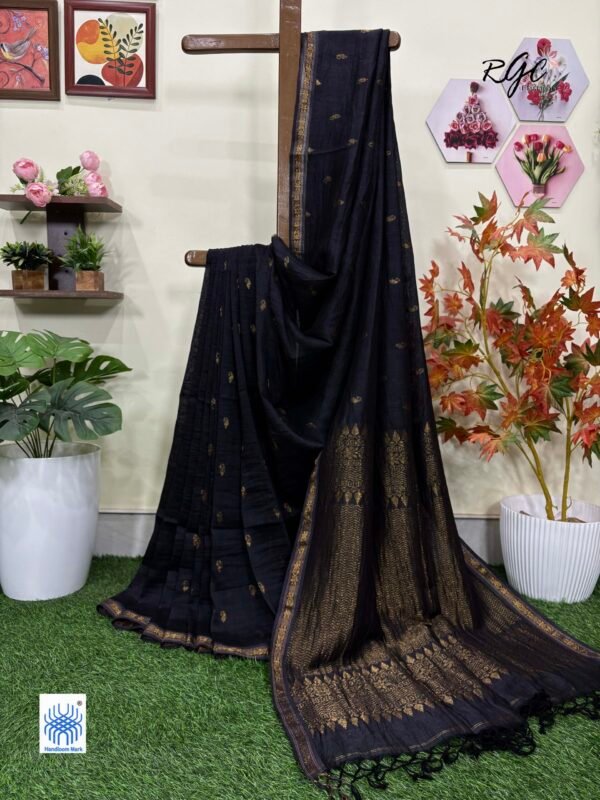 Black Paisly Buta Organic Linen Jamdani Saree