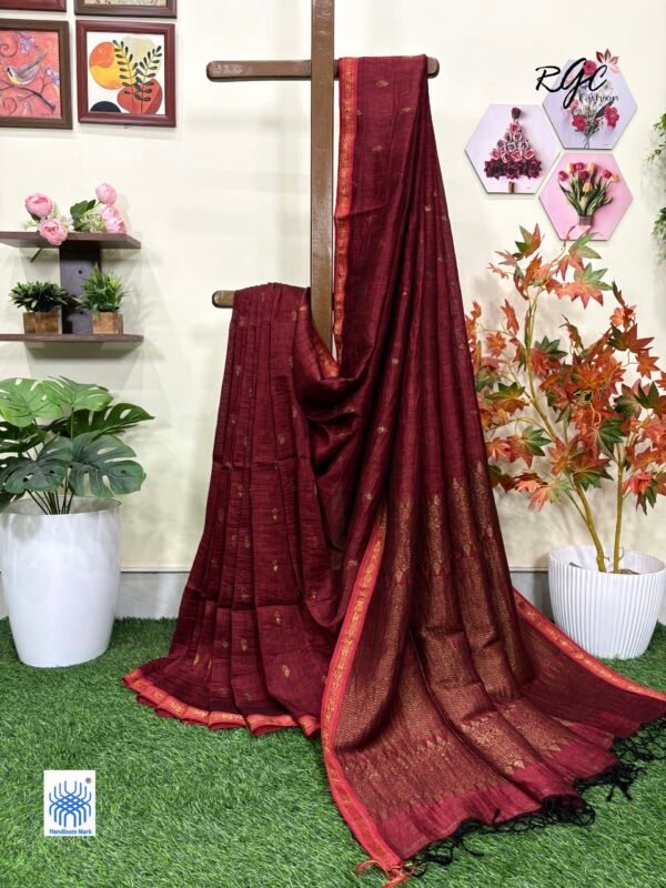 Maroon Paisly Buta Organic Linen Jamdani Saree