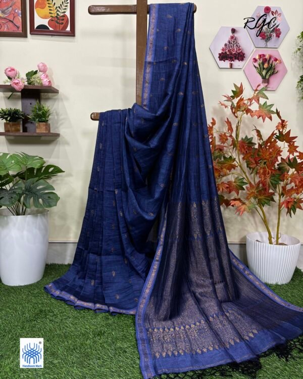 Blue Paisly Buta Organic Linen Jamdani Saree