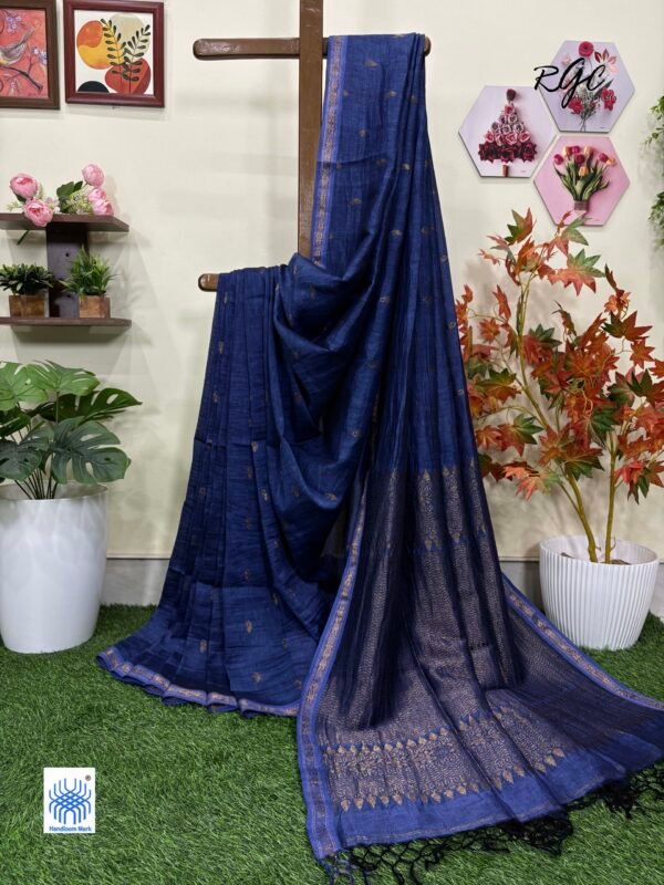 Blue Paisly Buta Organic Linen Jamdani Saree