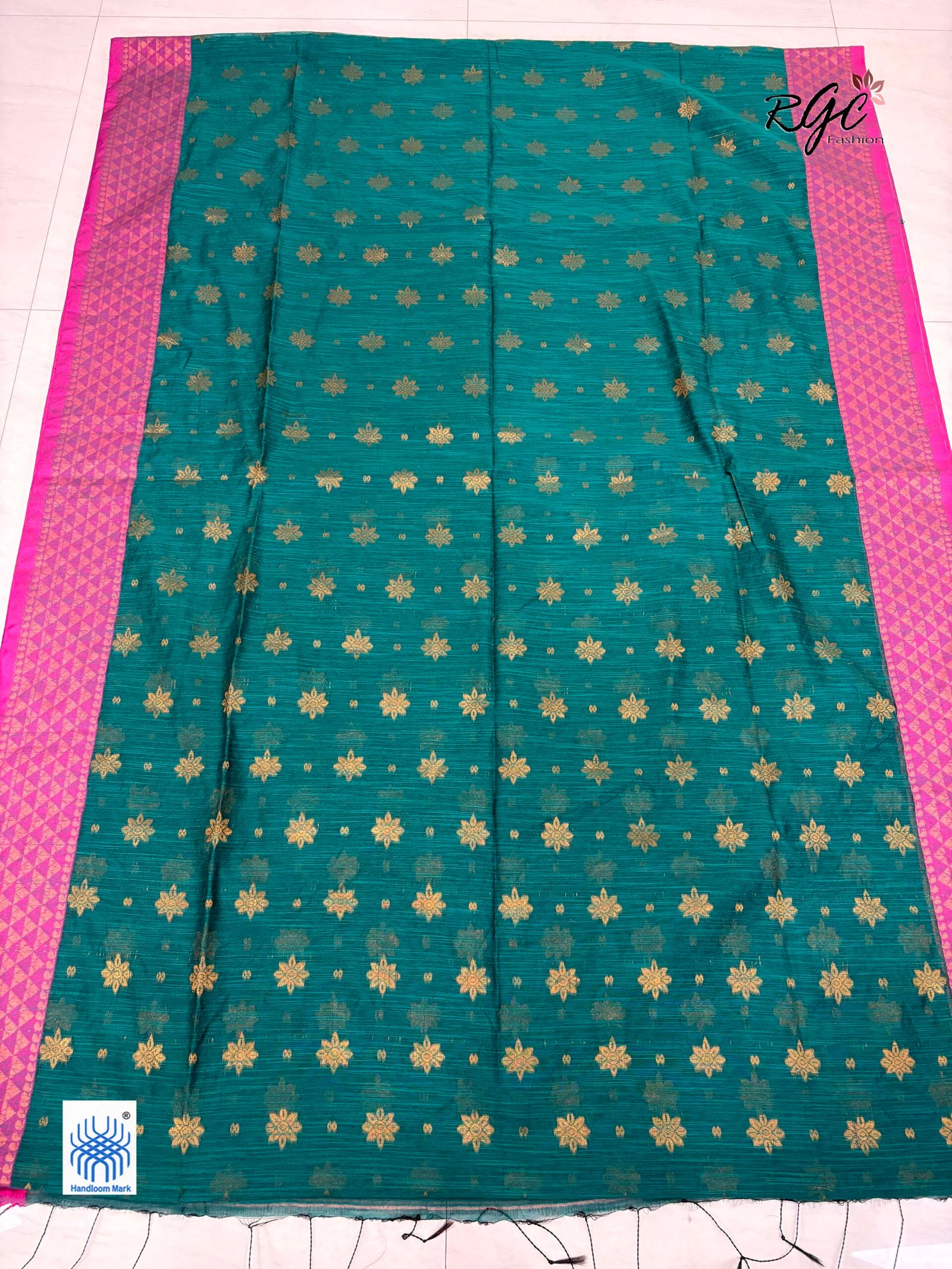 Greenish Cyan Handloom Cotton Silk Benarasi Saree - Image 2