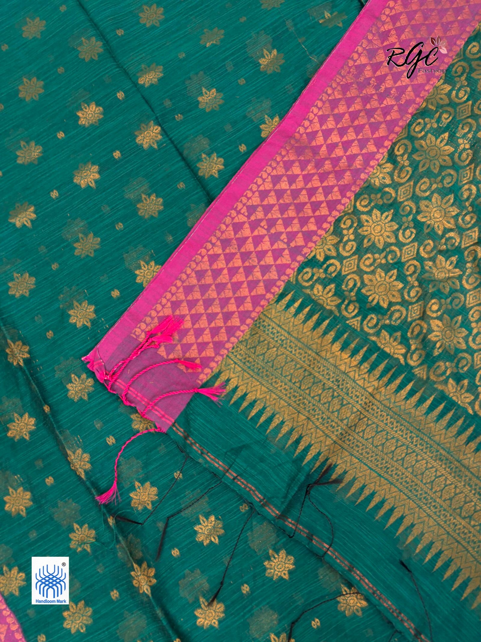 Greenish Cyan Handloom Cotton Silk Benarasi Saree - Image 3
