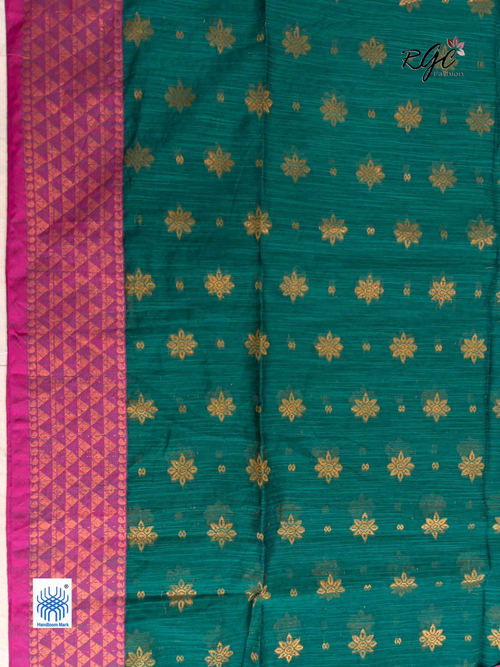 Greenish Cyan Handloom Cotton Silk Benarasi Saree - Image 4