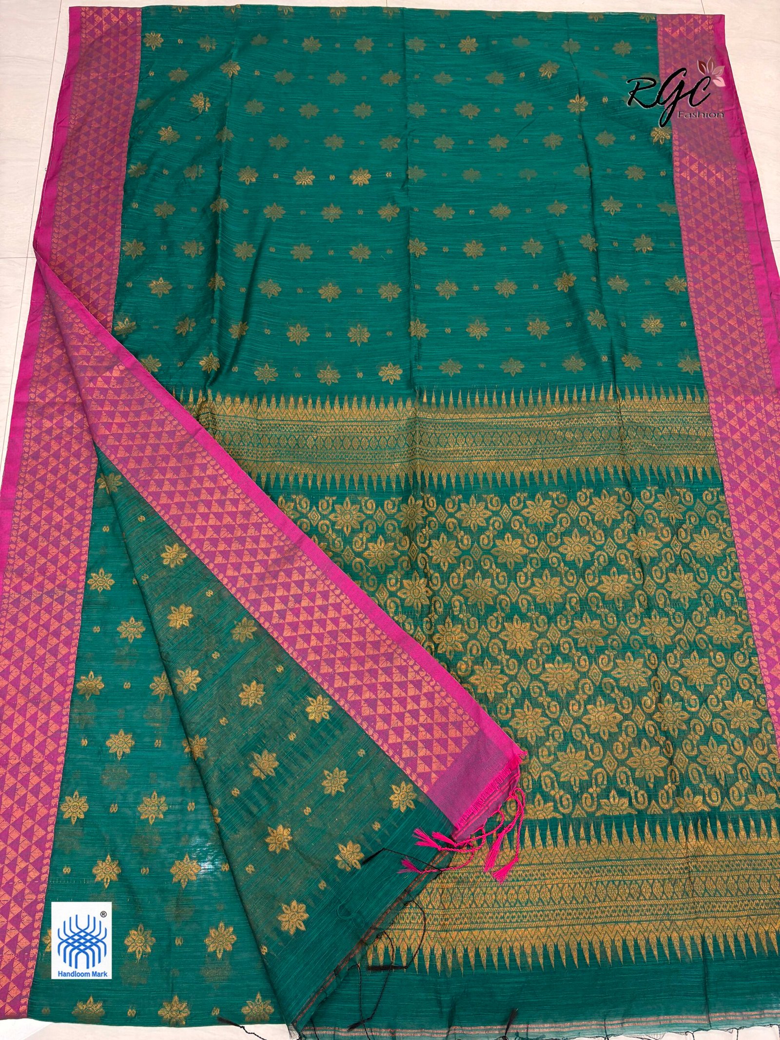 Greenish Cyan Handloom Cotton Silk Benarasi Saree - Image 9