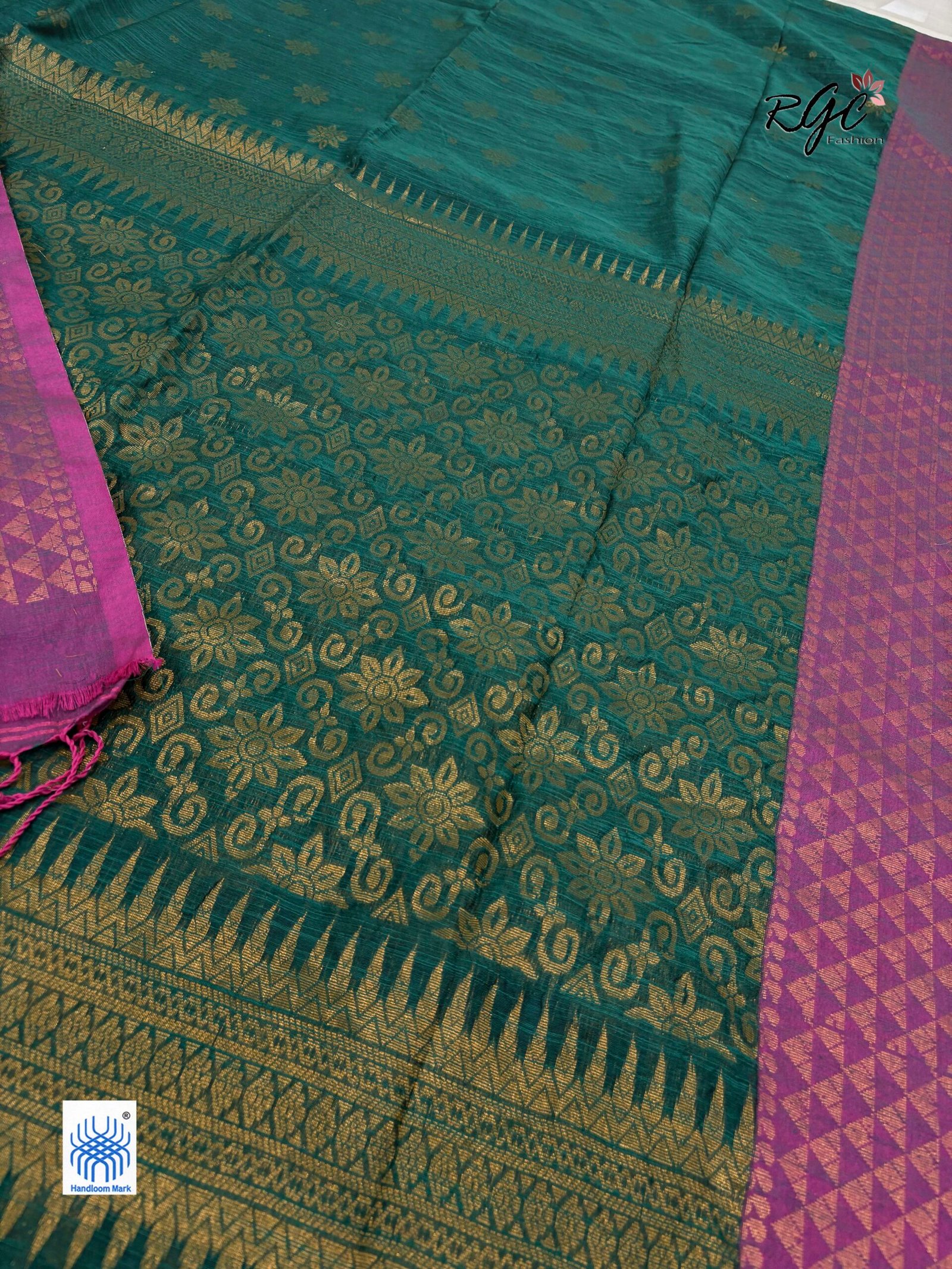Greenish Cyan Handloom Cotton Silk Benarasi Saree - Image 7