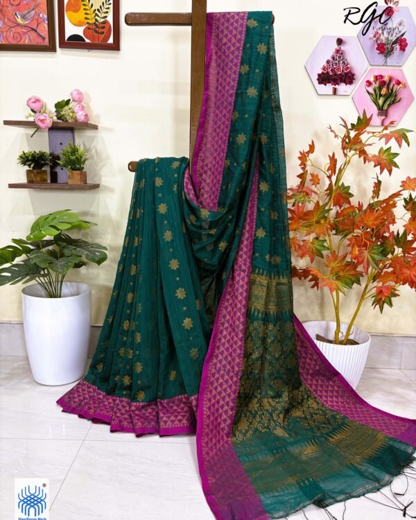 Greenish Cyan Handloom Cotton Silk Benarasi Saree