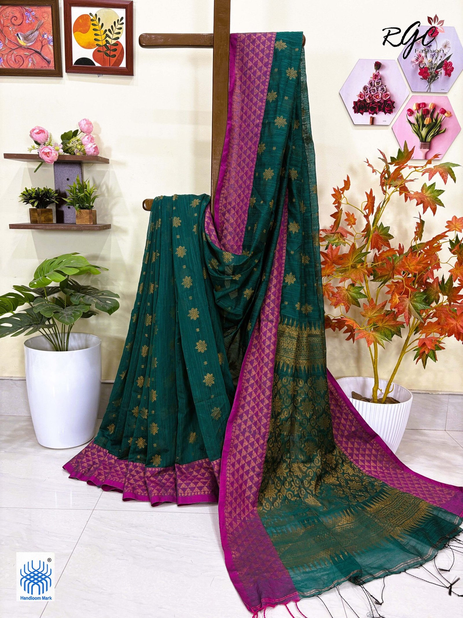 Greenish Cyan Handloom Cotton Silk Benarasi Saree