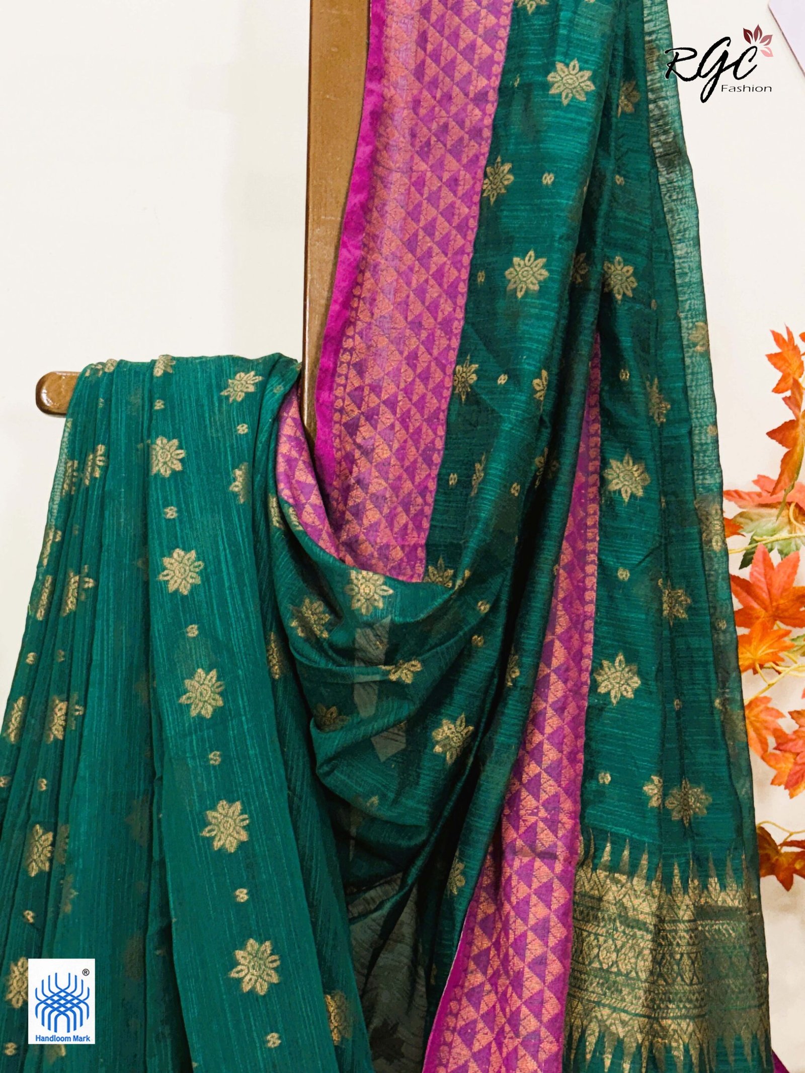 Greenish Cyan Handloom Cotton Silk Benarasi Saree - Image 6
