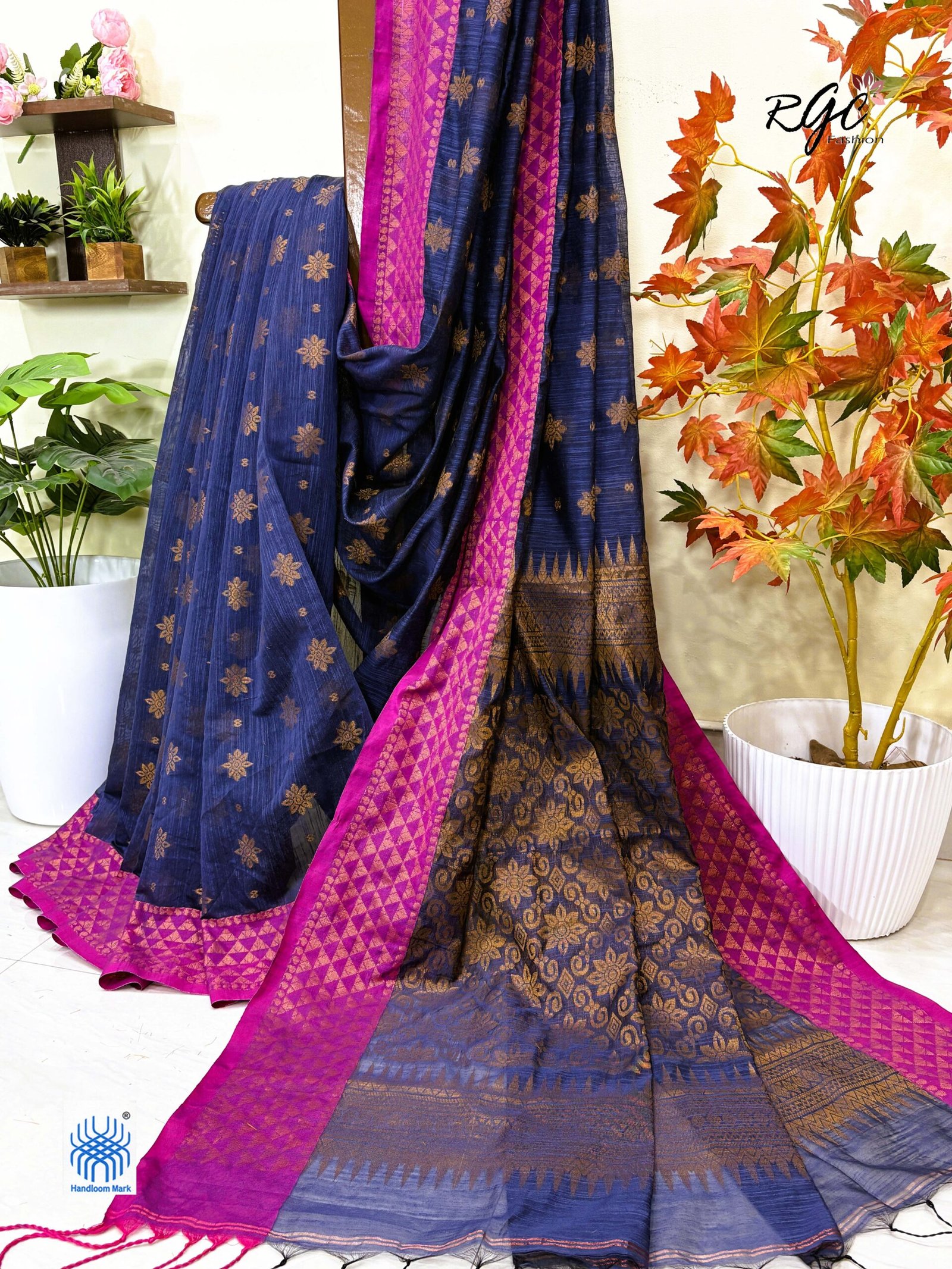 Bluish Gray Handloom Cotton Silk Benarasi Saree - Image 5