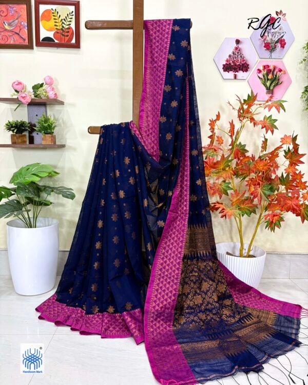 Navy Blue Handloom Cotton Silk Benarasi Saree