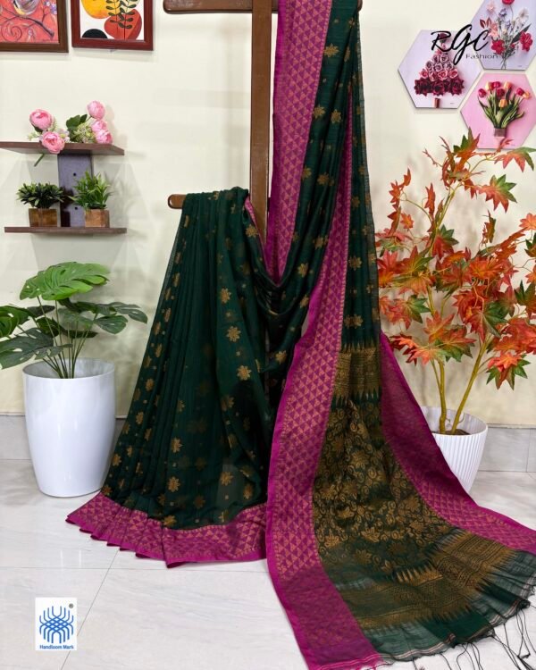 Bottle Green Handloom Cotton Silk Benarasi Saree