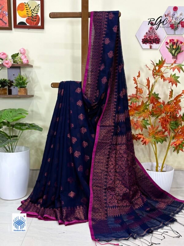 Navy Blue Handloom Cotton Silk Allover Jamdani Saree
