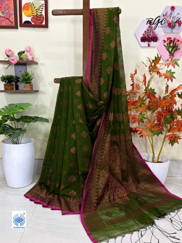 Olive Green Handloom Cotton Silk Allover Jamdani Saree