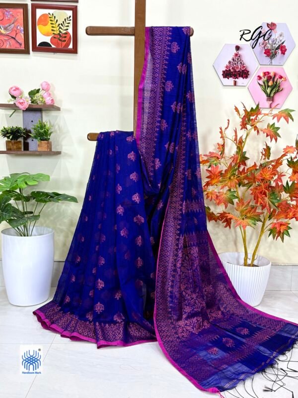 Royal Blue Handloom Cotton Silk Allover Jamdani Saree