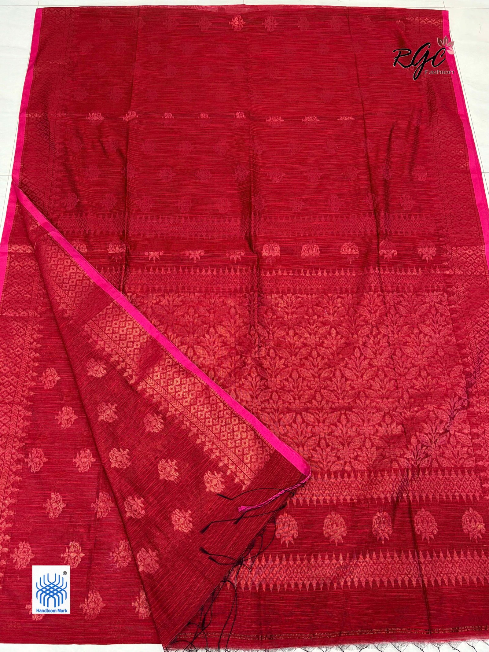 Dull Red Handloom Cotton Silk Benarasi Saree - Image 7