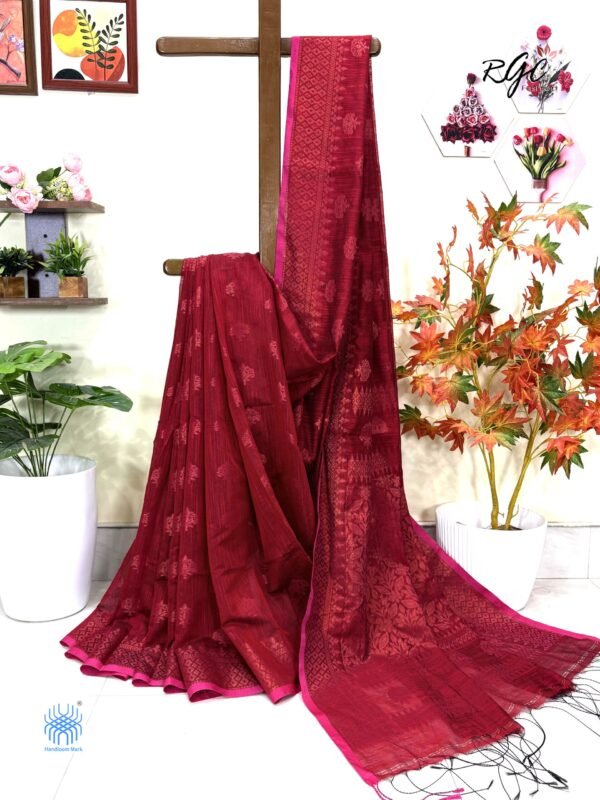 Dull Red Handloom Cotton Silk Allover Jamdani Saree