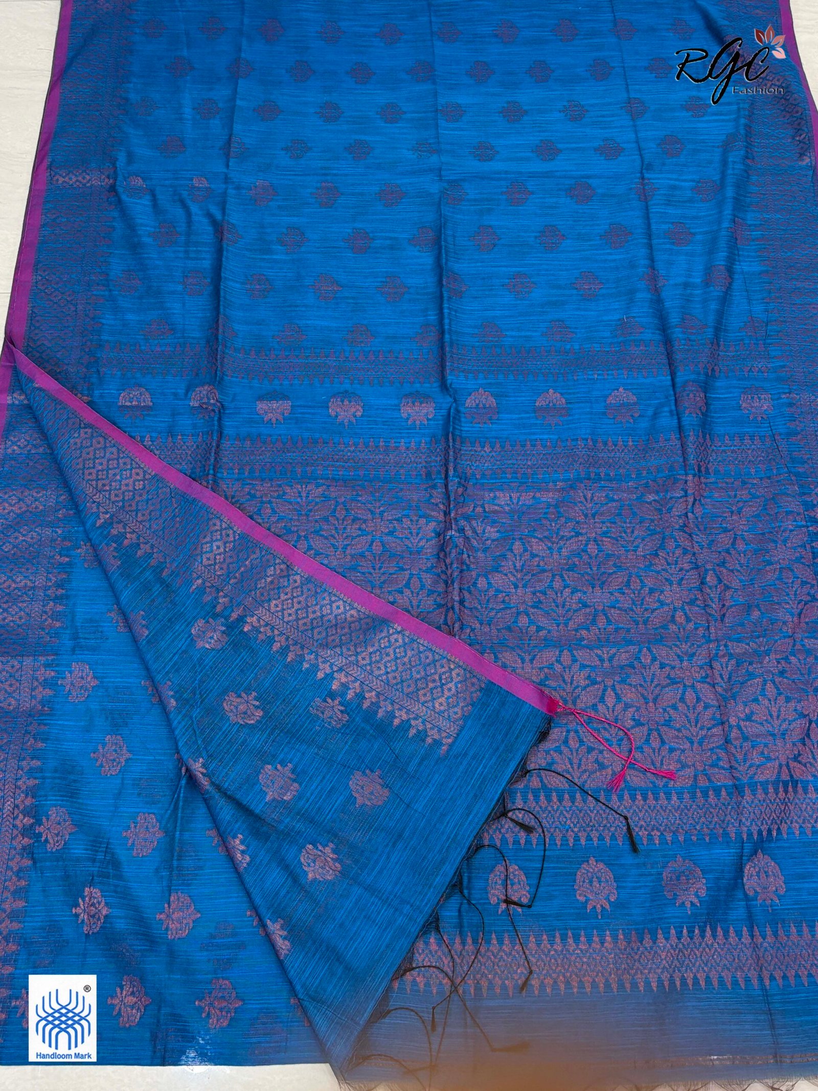 Cyan-Blue Handloom Cotton Silk Benarasi Saree - Image 7