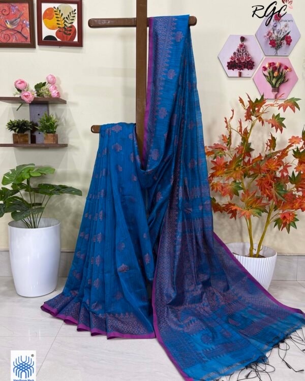 Cyan-Blue Handloom Cotton Silk Benarasi Saree