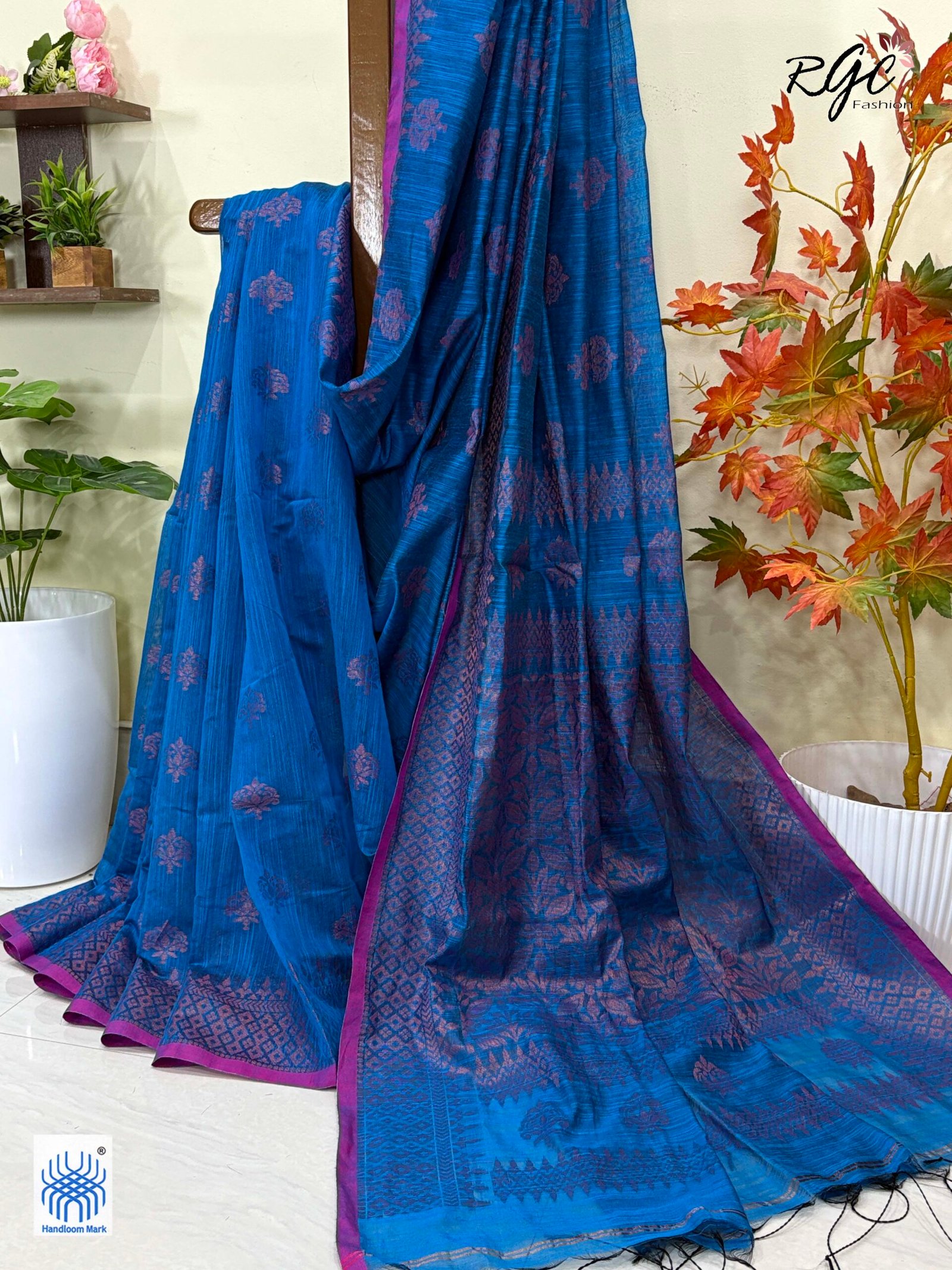 Cyan-Blue Handloom Cotton Silk Benarasi Saree - Image 2
