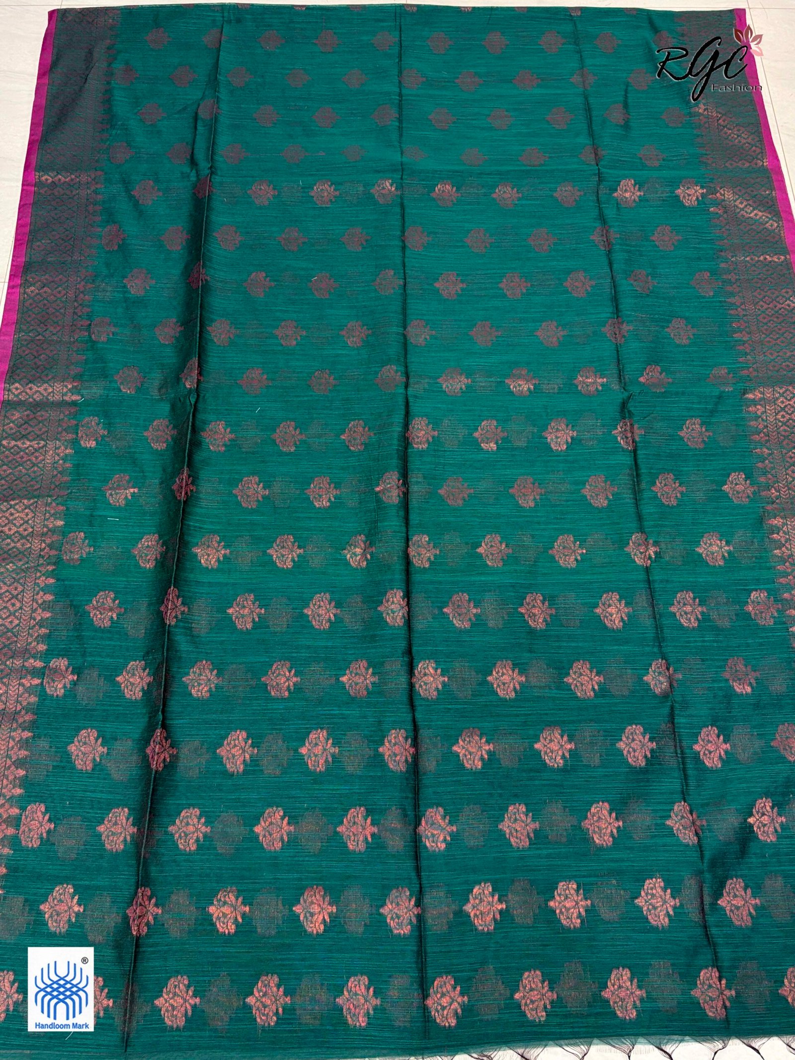 Deep Aqua Handloom Cotton Silk Benarasi Saree - Image 8