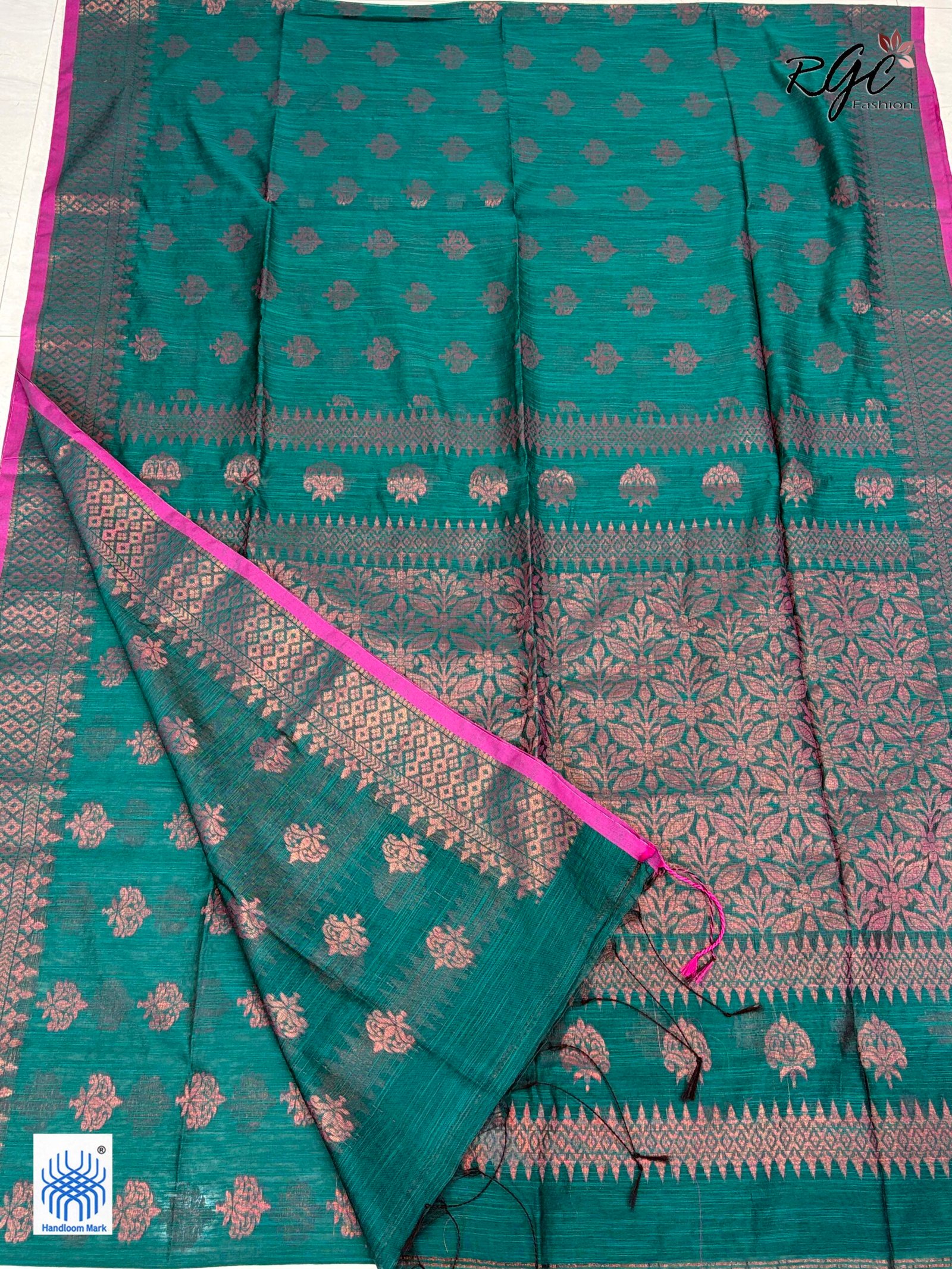 Deep Aqua Handloom Cotton Silk Benarasi Saree - Image 4
