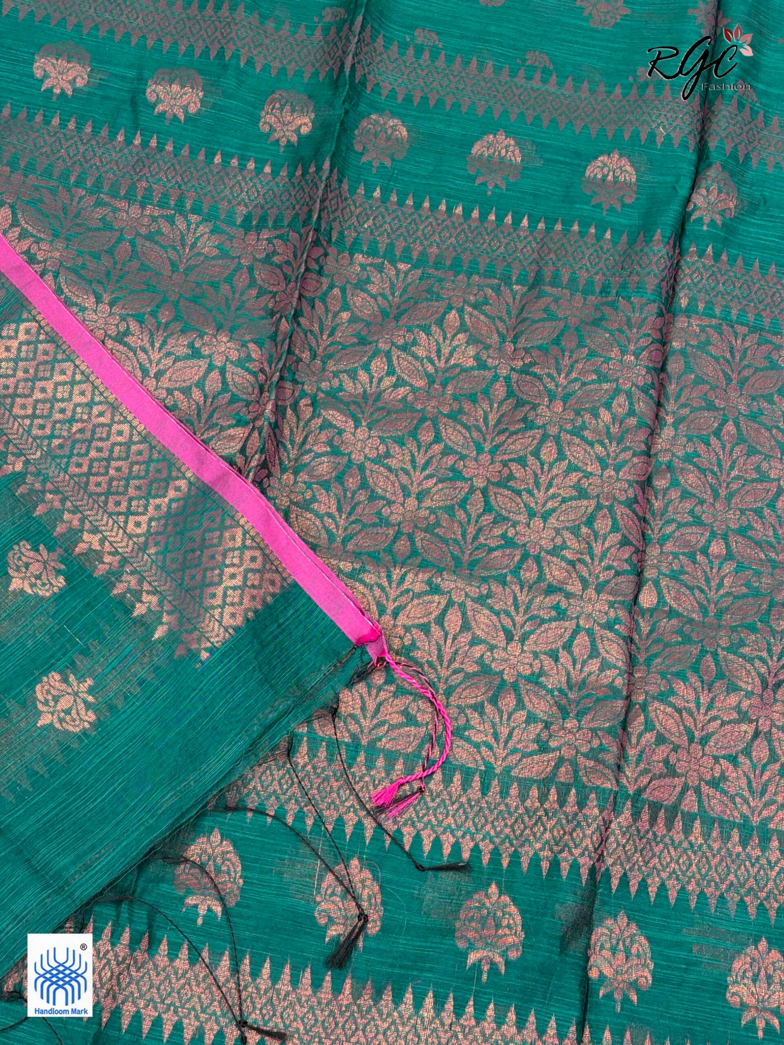Deep Aqua Handloom Cotton Silk Benarasi Saree - Image 3