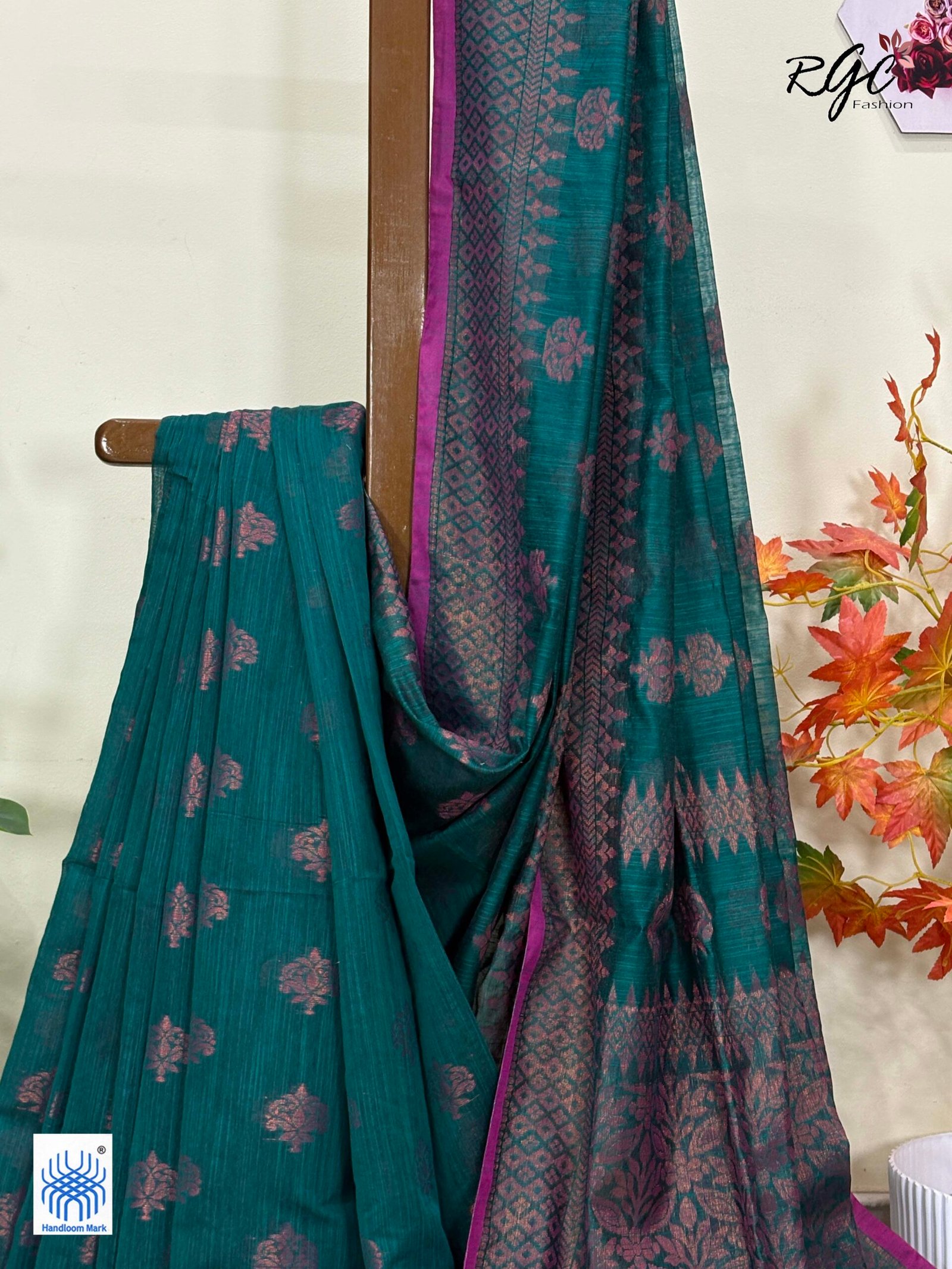 Deep Aqua Handloom Cotton Silk Benarasi Saree - Image 2