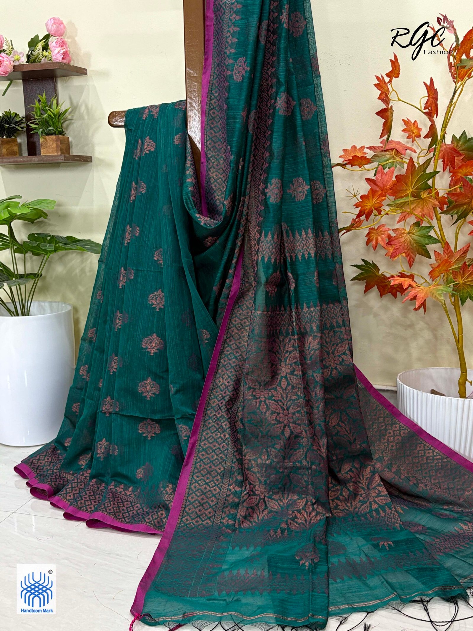 Deep Aqua Handloom Cotton Silk Benarasi Saree - Image 9