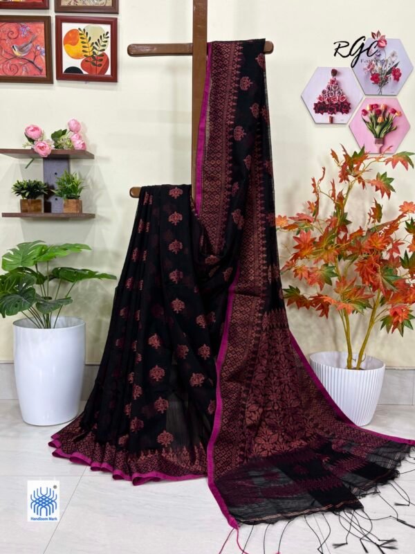 Black Handloom Cotton Silk Allover Jamdani Saree
