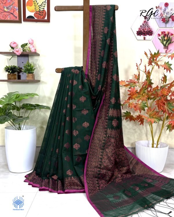 Bottle Green Handloom Cotton Silk Benarasi Saree
