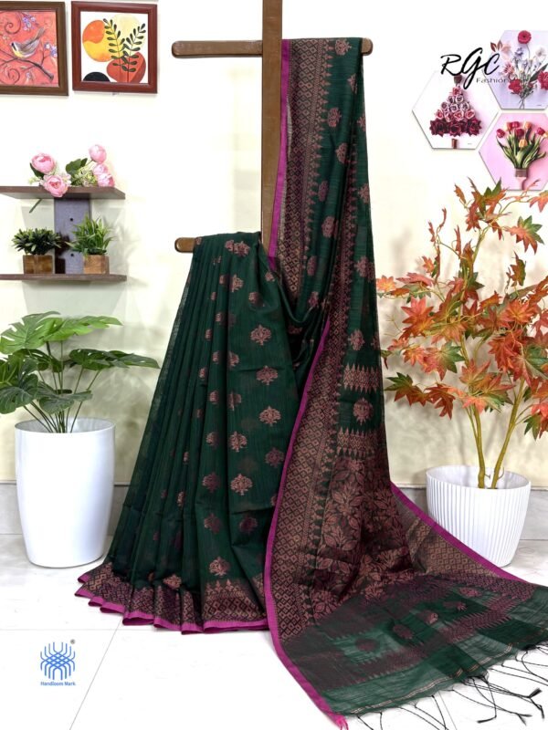 Bottle Green Handloom Cotton Silk Allover Jamdani Saree