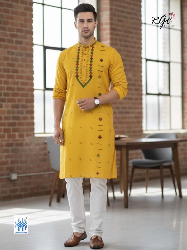 Yellow Handloom Premuium Cotton Jamdani Panjabi for Men